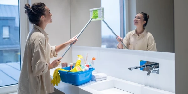 Woman cleaning a mirror with a stick inside her bathroom.