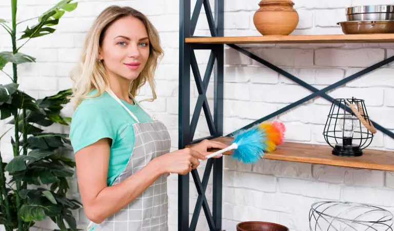 Portrait of a young female cleaner cleaning shelves with duster