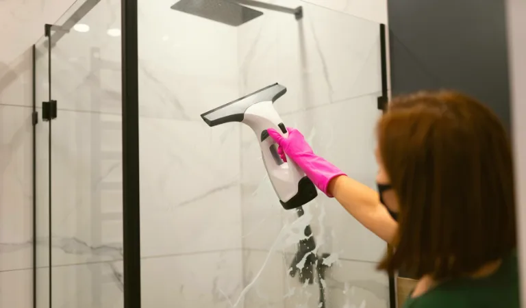 A woman cleaning a shower glass