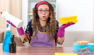 Young woman in rubber gloves holding sponge and bottle with cleaning supplies