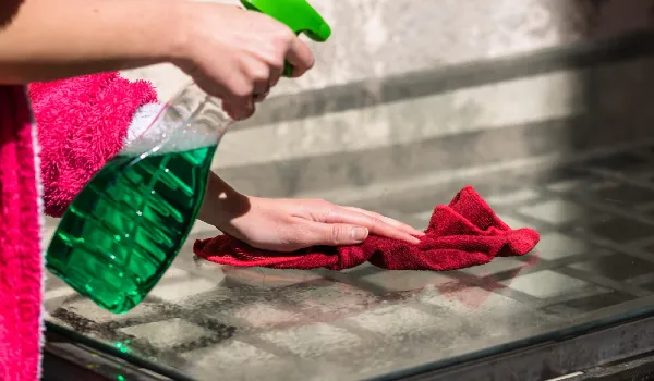 Close-up of hand while cleaning table glass with a cloth and spray