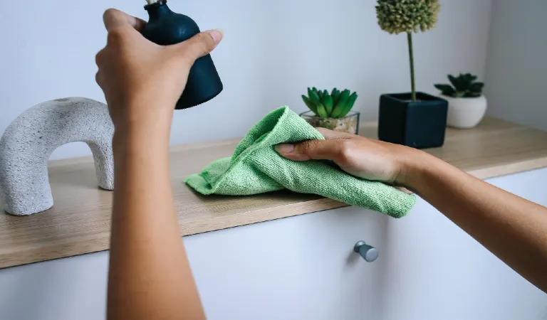 Female hand using microfiber cloth cleaning cupboard surface at home